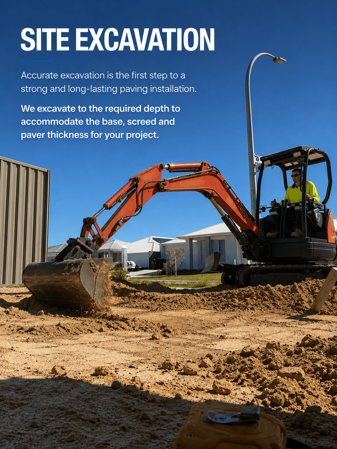 Site excavation — excavator digging a Perth site out to the required paving depth