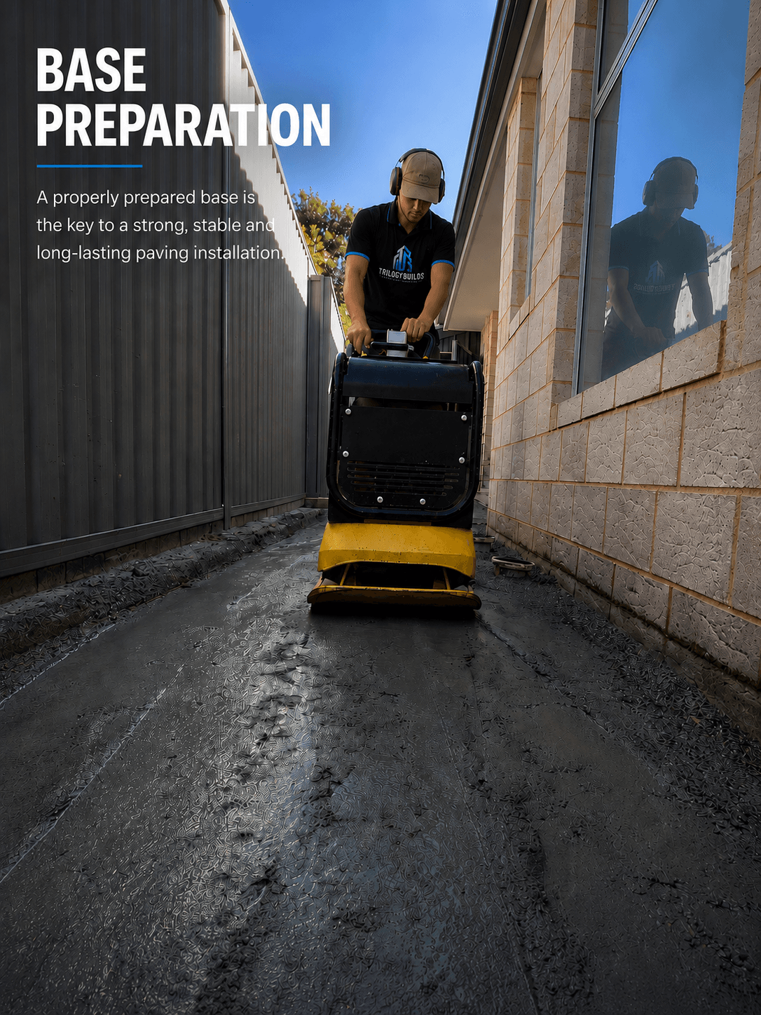 Base preparation — plate compactor compacting the base along a side pathway