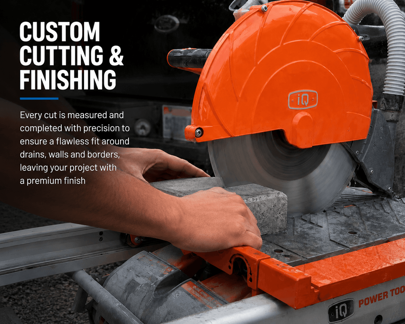 Custom cutting and finishing — a paver cut to size on a wet masonry saw