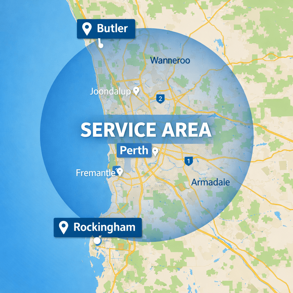 Map of the Perth metro area TrilogyBuilds services, from Butler in the north to Rockingham in the south